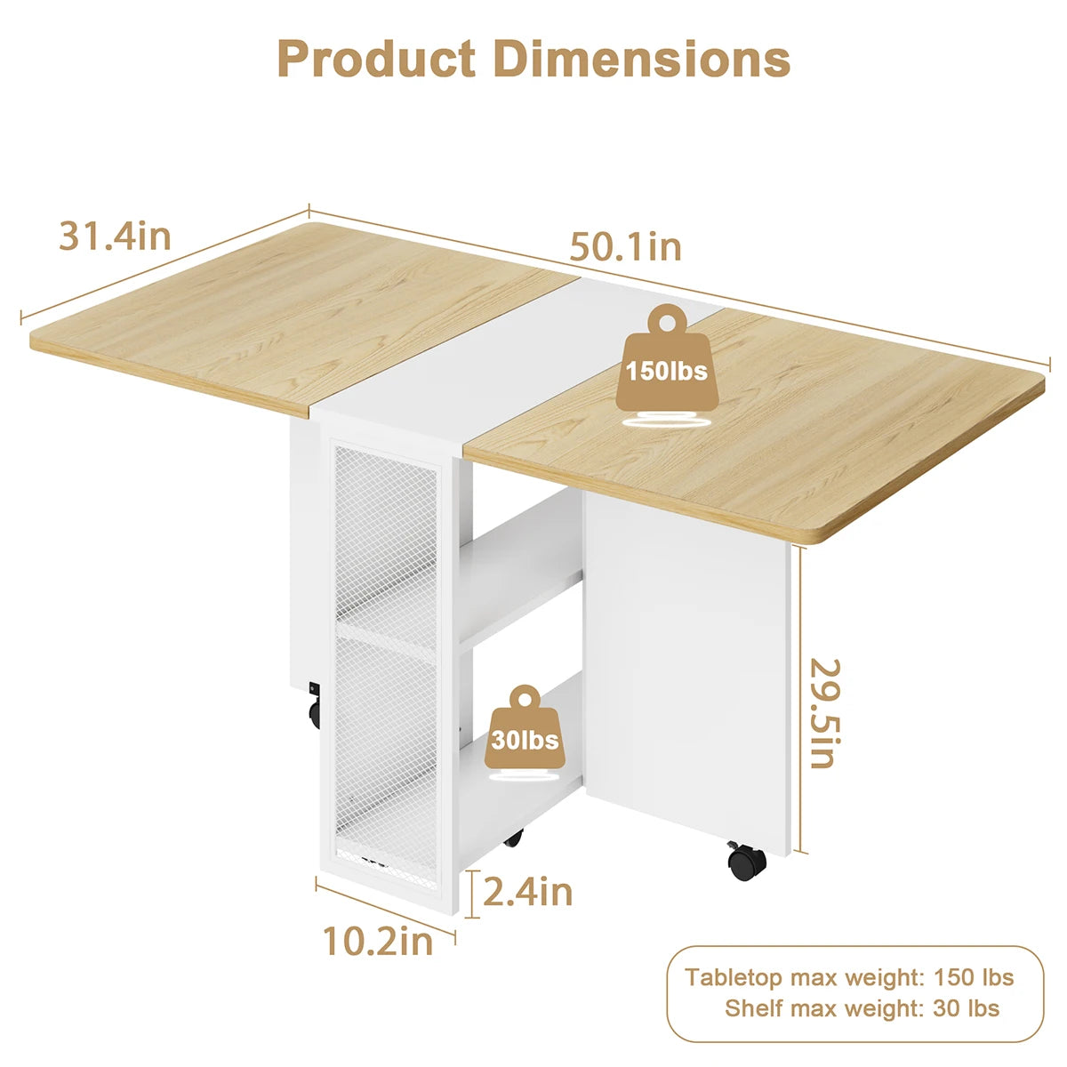 Rolling Folding Kitchen Table With 2 Integrated Shelves