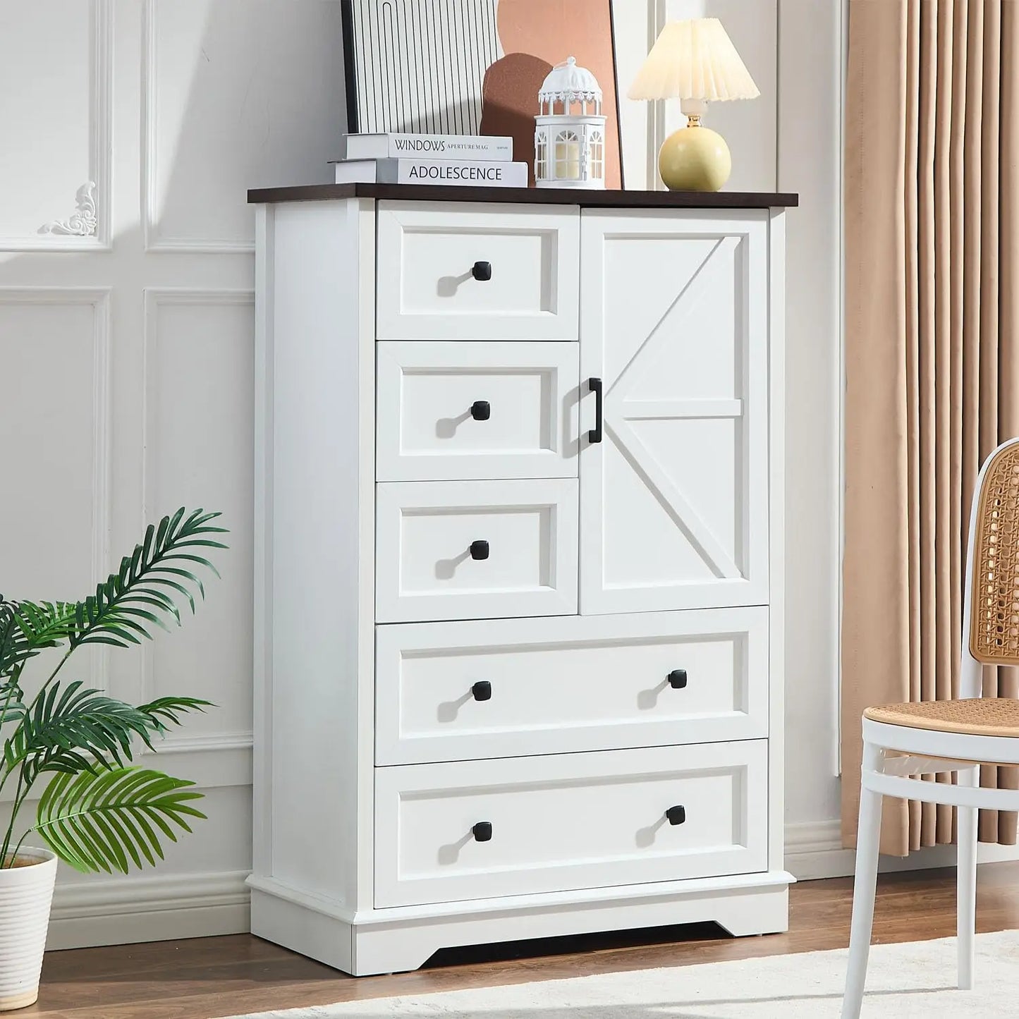 Dresser with 5 Wooden Drawers and Storage Cabinet