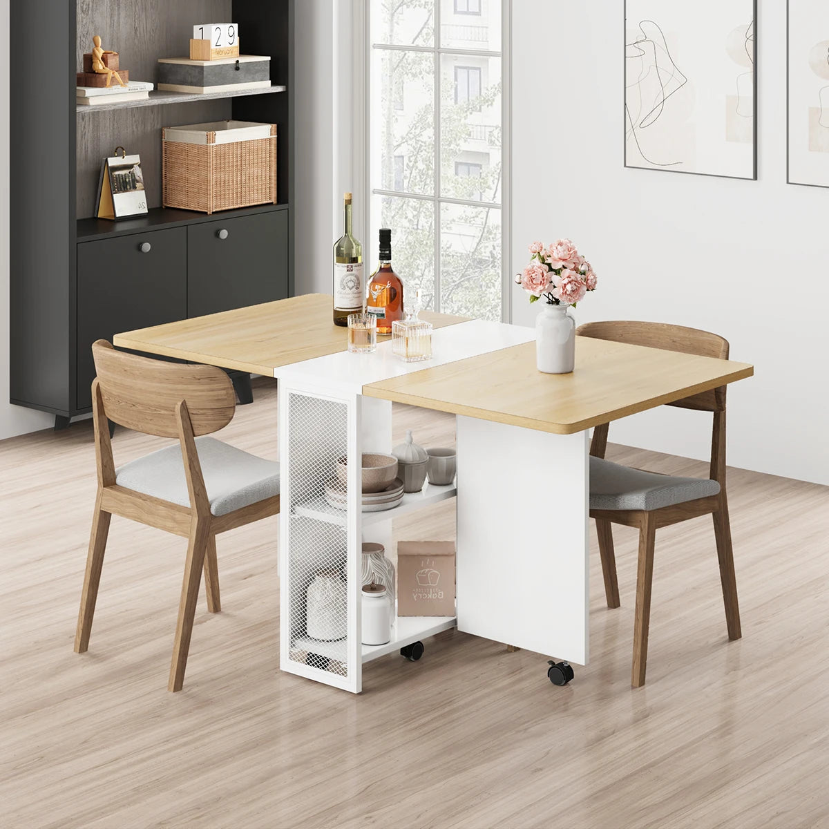 Rolling Folding Kitchen Table With 2 Integrated Shelves