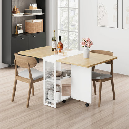 Rolling Folding Kitchen Table With 2 Integrated Shelves