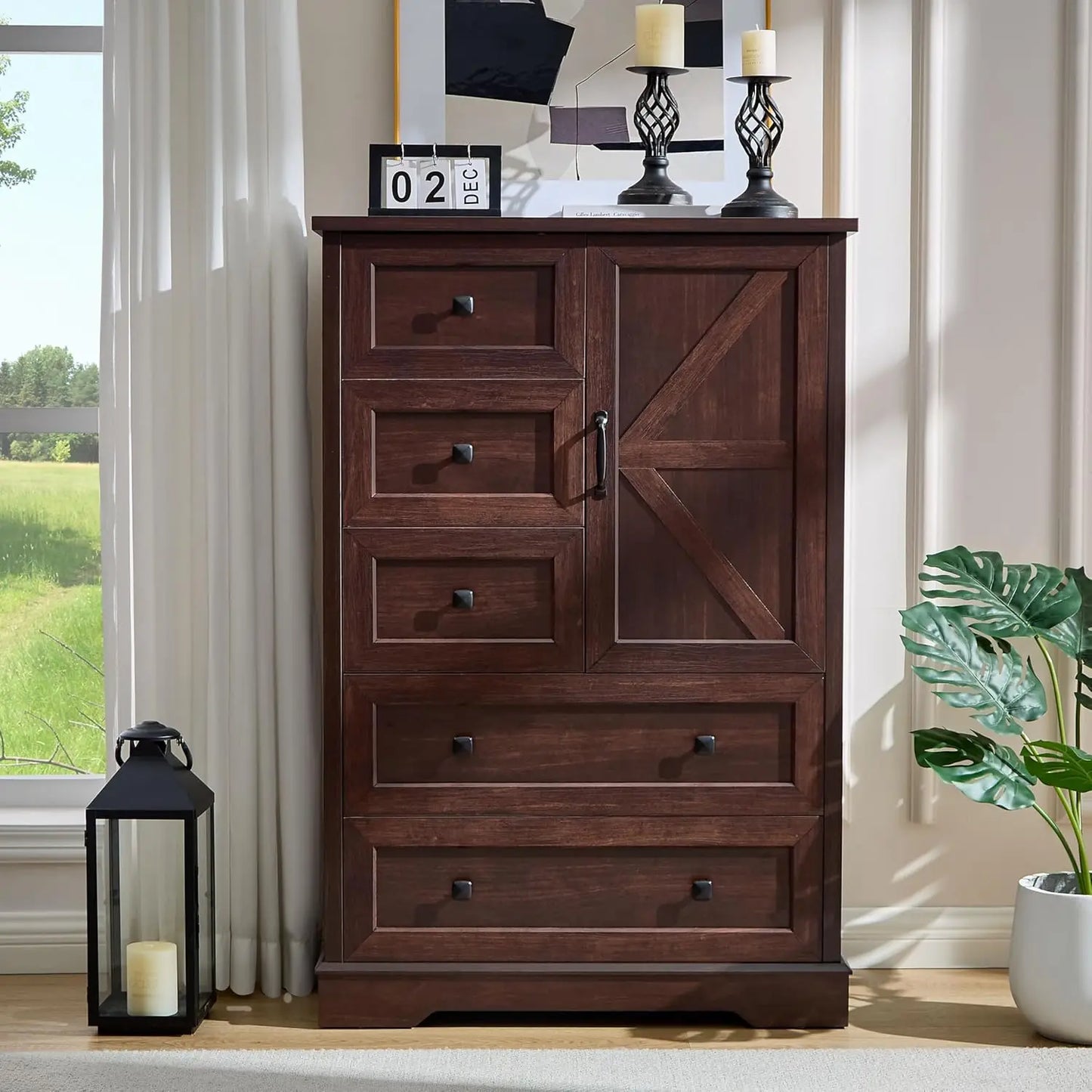 Dresser with 5 Wooden Drawers and Storage Cabinet
