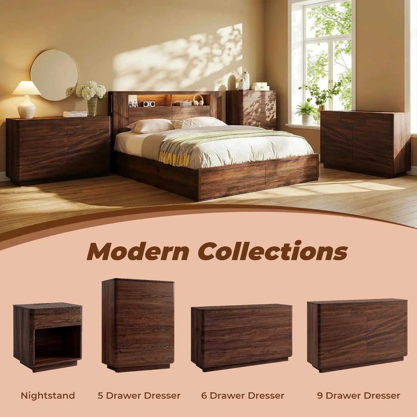 5 Drawer Dresser Bedroom 42in Tall Wood Hidden Handle Large Storage Chest Living Room Hallway Curved Dark Walnut, Customized
