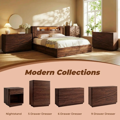 5 Drawer Dresser Bedroom 42in Tall Wood Hidden Handle Large Storage Chest Living Room Hallway Curved Dark Walnut, Customized