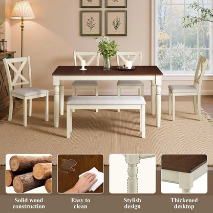 60 Solid Wood Dining Table Set for 6, with 4 Upholstered Chairs and Bench,