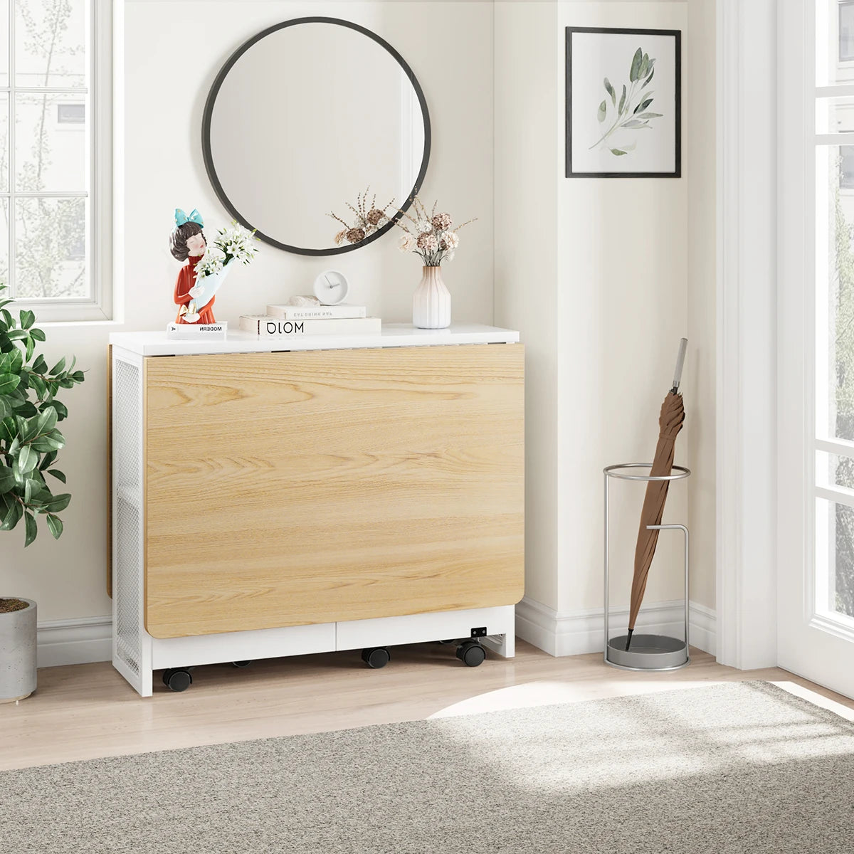 Rolling Folding Kitchen Table With 2 Integrated Shelves