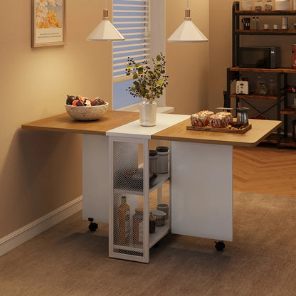 Rolling Folding Kitchen Table With 2 Integrated Shelves