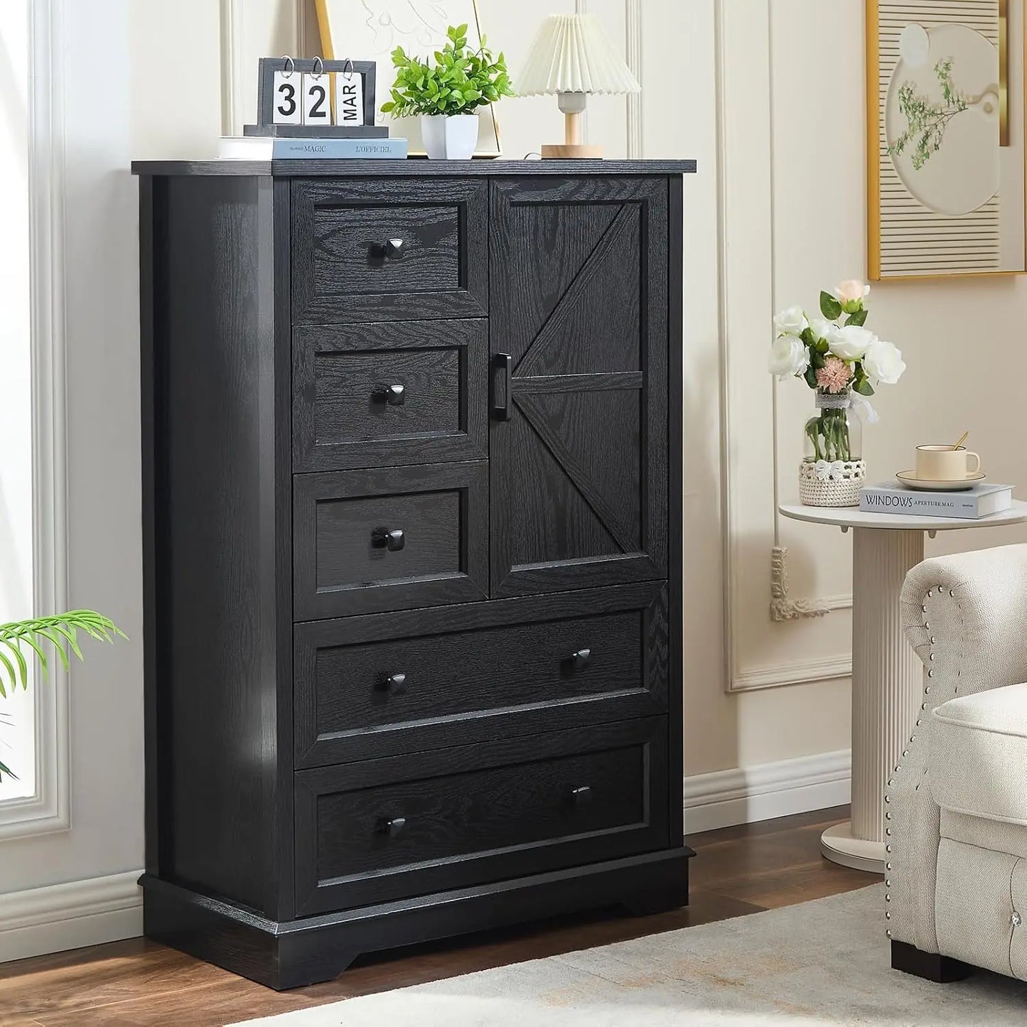 Dresser with 5 Wooden Drawers and Storage Cabinet