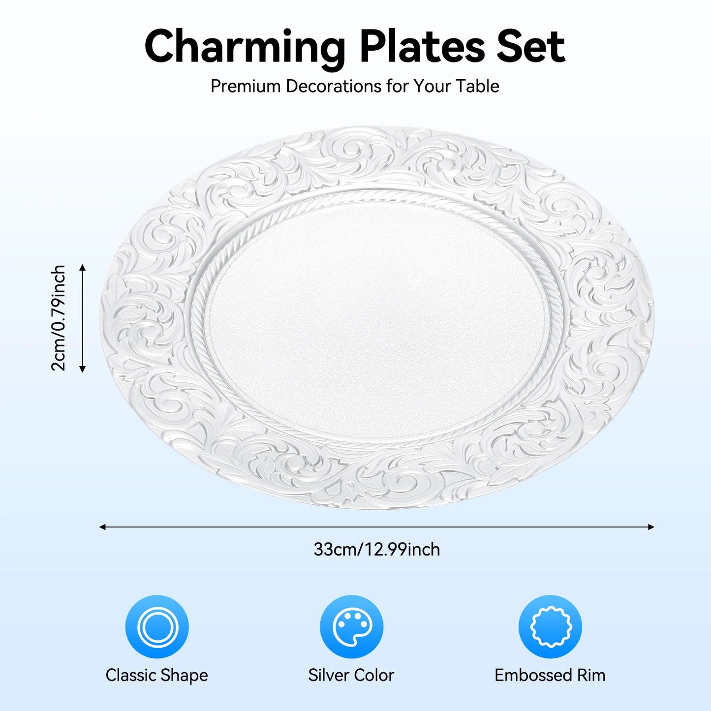 100 Pcs Silver Round Reusable Charger Plates