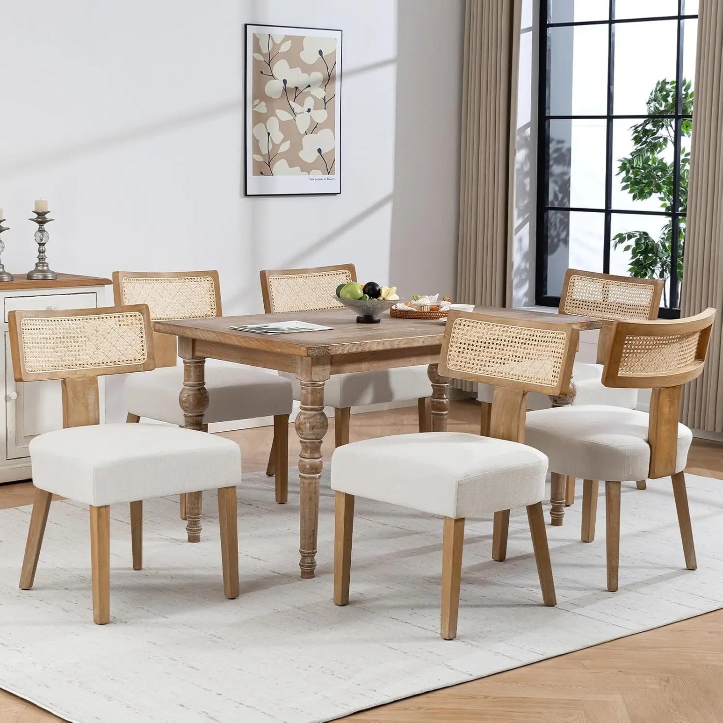 6 Fabric Upholstered Wood Kitchen Chairs Set