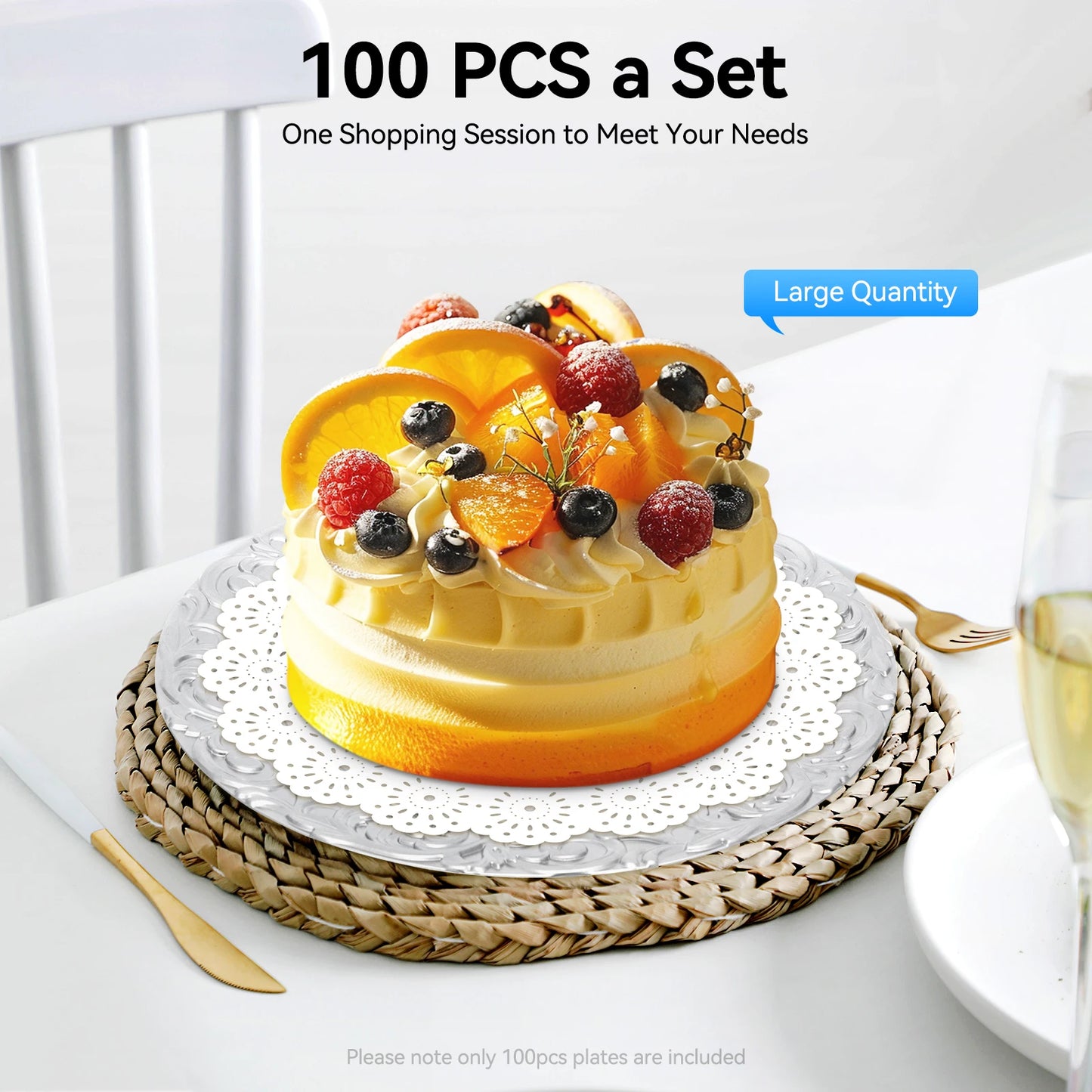 100 Pcs Silver Round Reusable Charger Plates