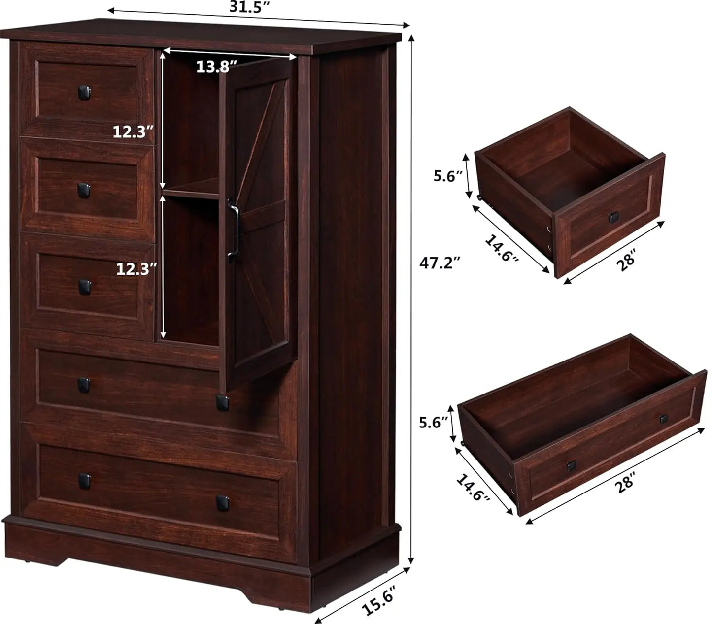 Dresser with 5 Wooden Drawers and Storage Cabinet