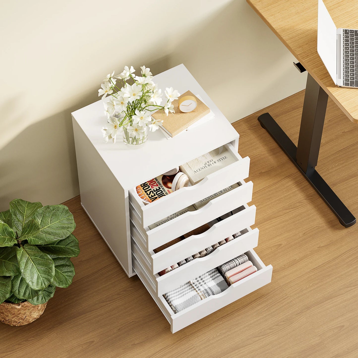 Wood Cabinet With 5 Drawers Waterproof Surface