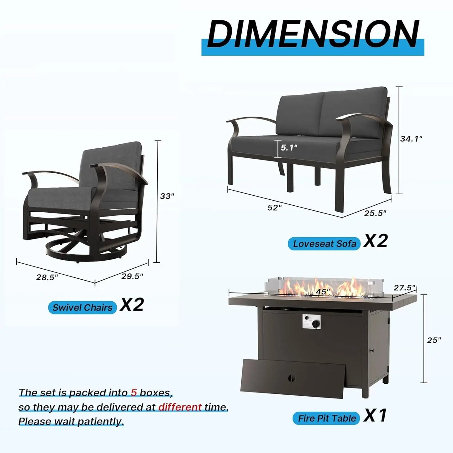 Aluminum Patio Furniture Set with Fire Pit Table