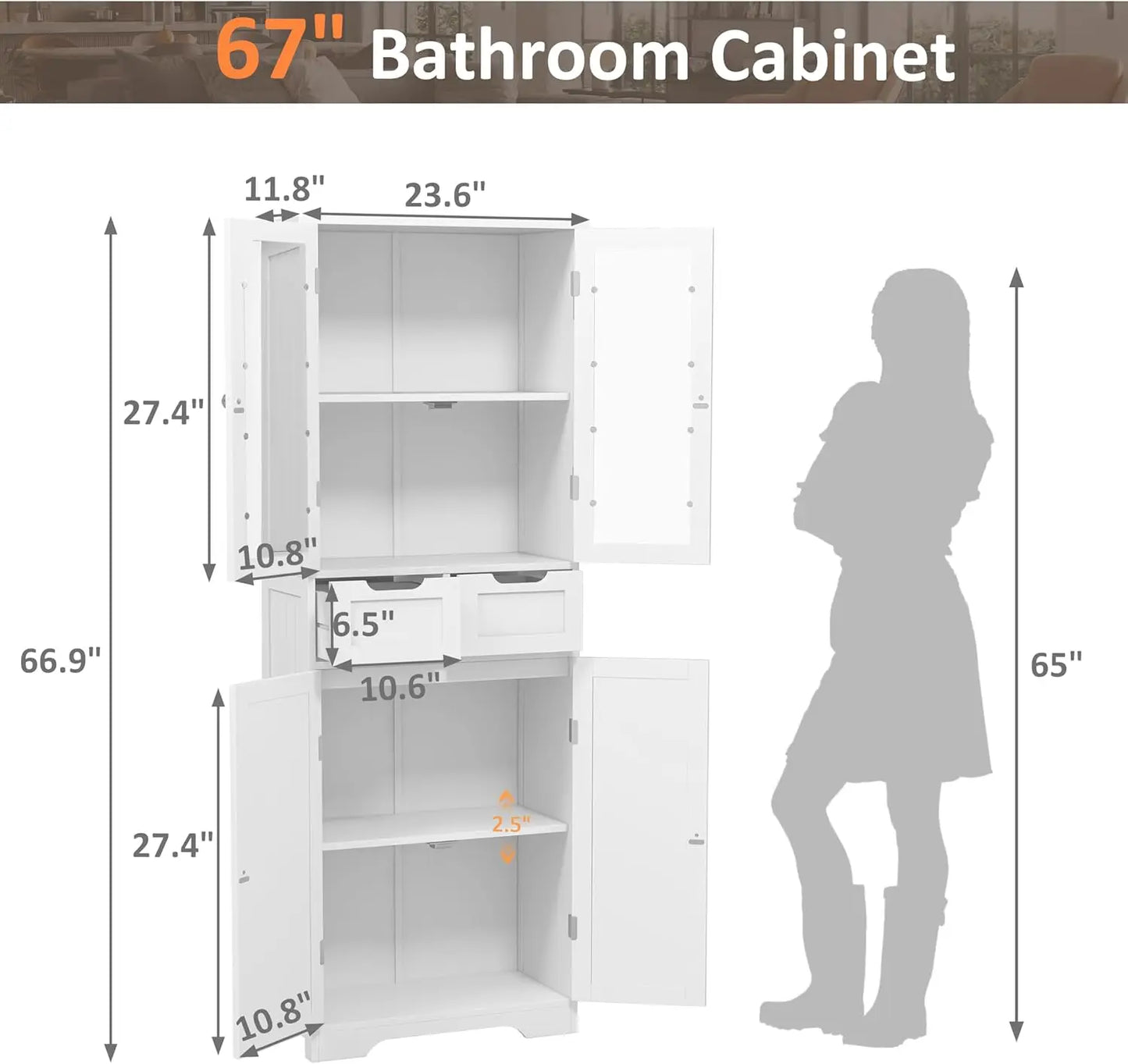 67" Tall Bathroom Storage Cabinet