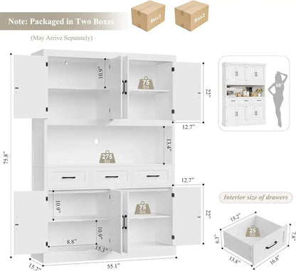 55“ Wide Kitchen Hutch Cabinet with Storage Drawers