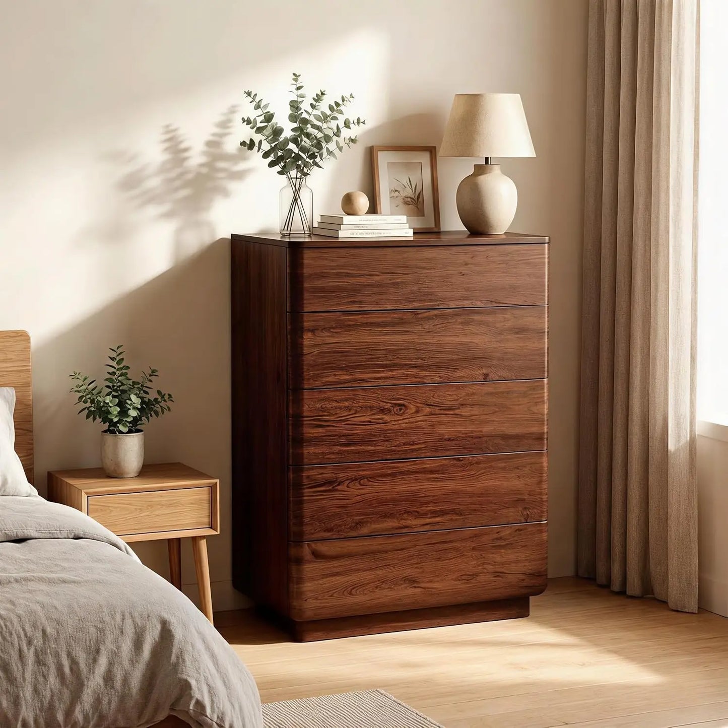 5 Drawer Dresser Bedroom 42in Tall Wood Hidden Handle Large Storage Chest Living Room Hallway Curved Dark Walnut, Customized