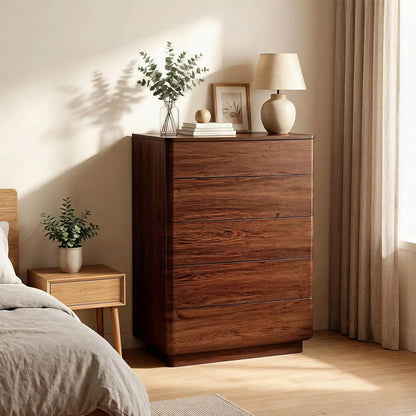 5 Drawer Dresser Bedroom 42in Tall Wood Hidden Handle Large Storage Chest Living Room Hallway Curved Dark Walnut, Customized