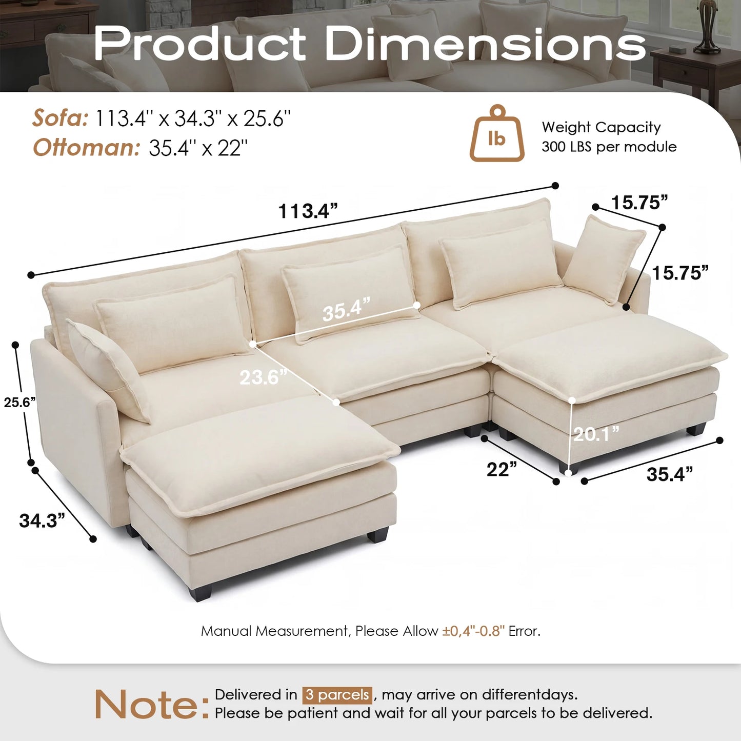 Sectional Sofa with Ottoman,  Deep Seat, Wood Frame