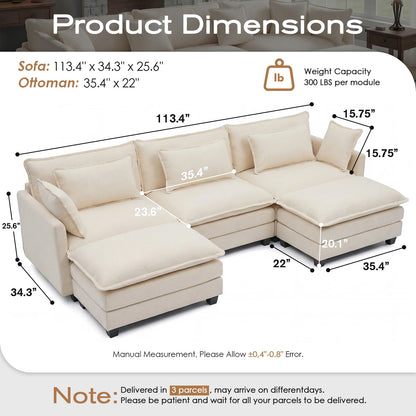 Sectional Sofa with Ottoman,  Deep Seat, Wood Frame