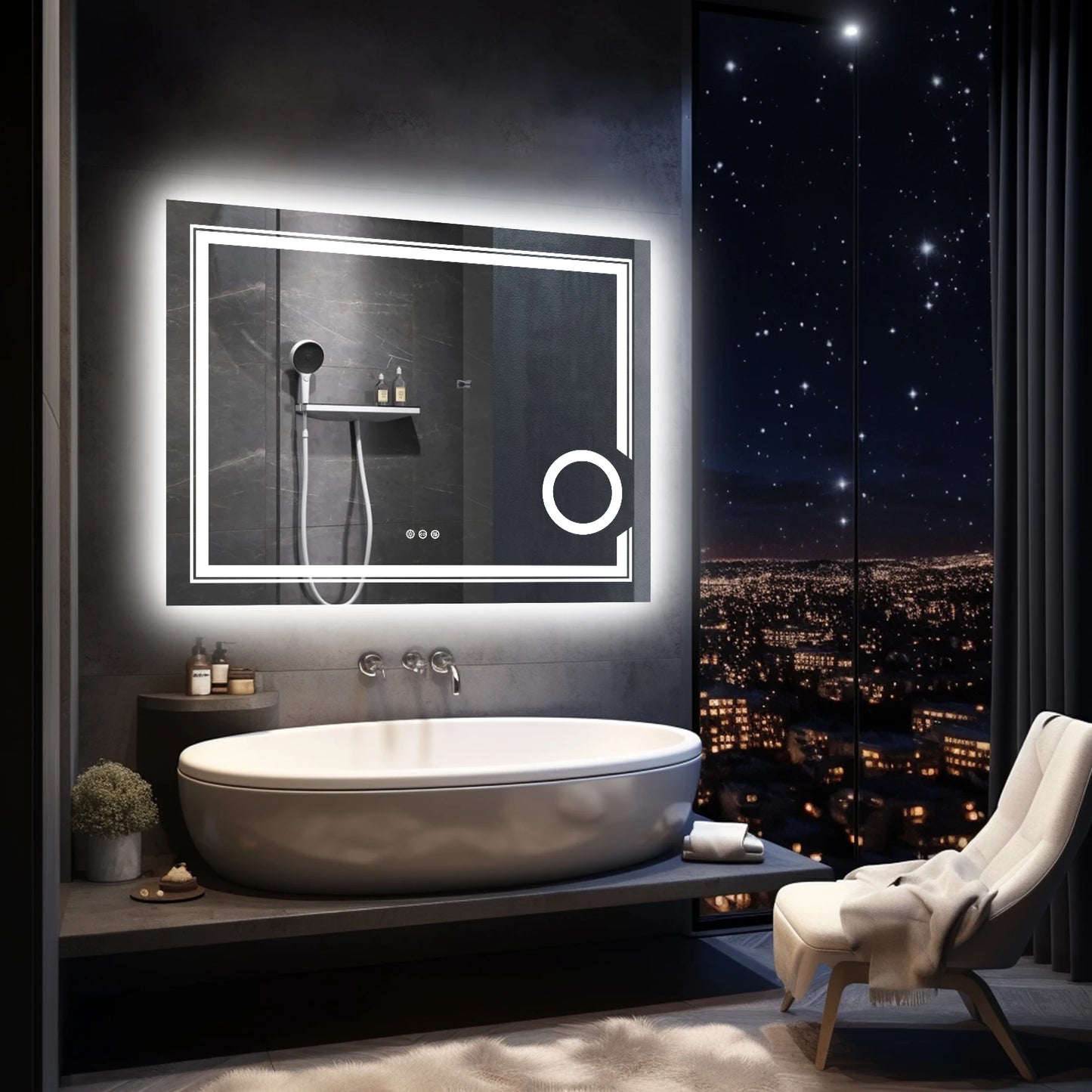 Lighted Smart Bathroom Mirror, 3X Magnifier, Anti-Fog