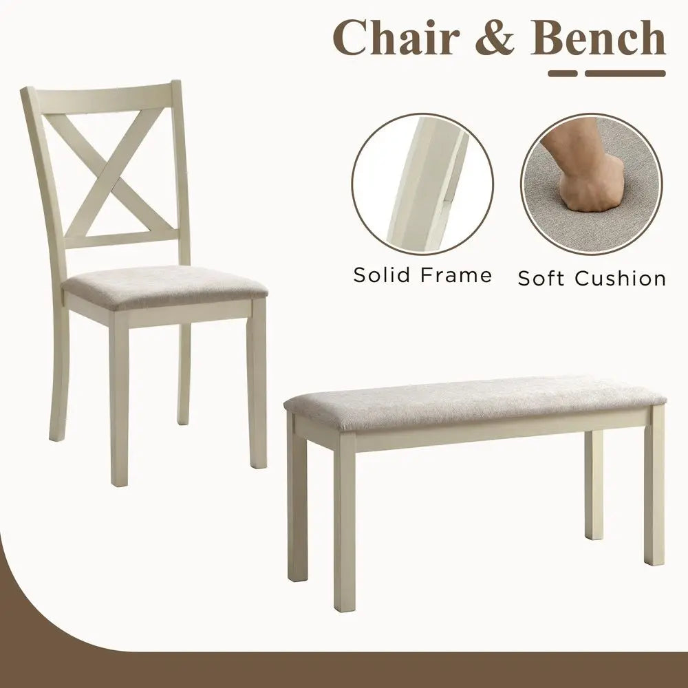 60 Solid Wood Dining Table Set for 6, with 4 Upholstered Chairs and Bench,
