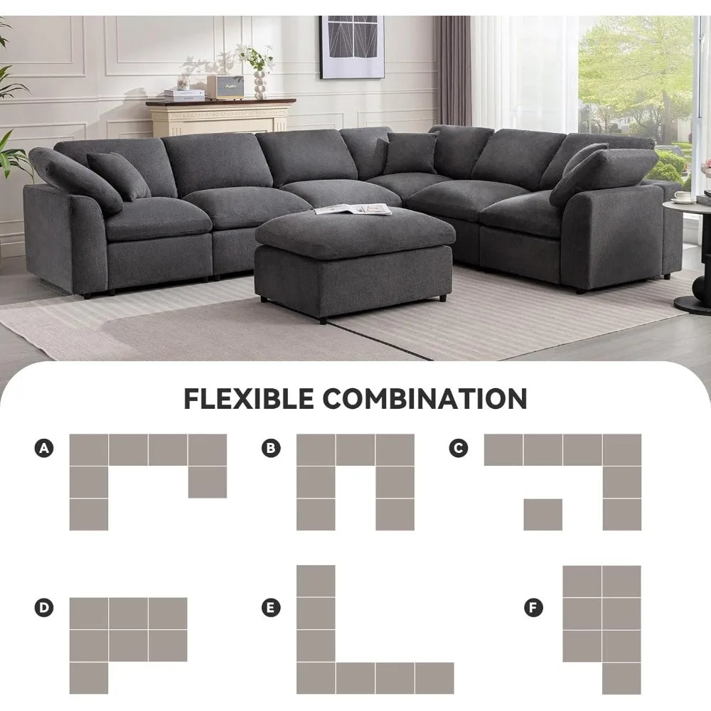 Oversized Sectional Sofa with Movable Ottoman 7 Seater
