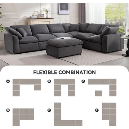 Oversized Sectional Sofa with Movable Ottoman 7 Seater