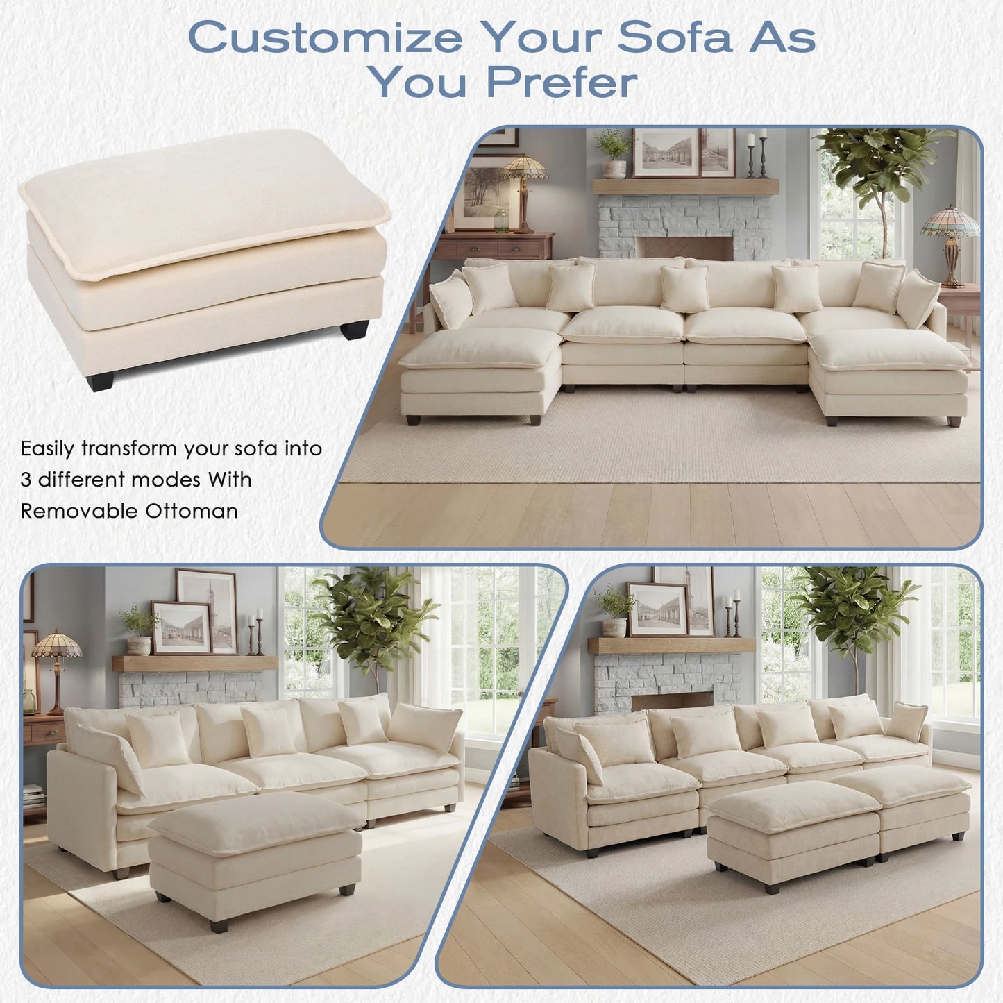 Sectional Sofa with Ottoman,  Deep Seat, Wood Frame