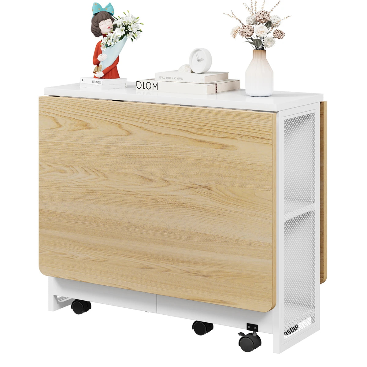 Rolling Folding Kitchen Table With 2 Integrated Shelves