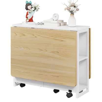 Rolling Folding Kitchen Table With 2 Integrated Shelves