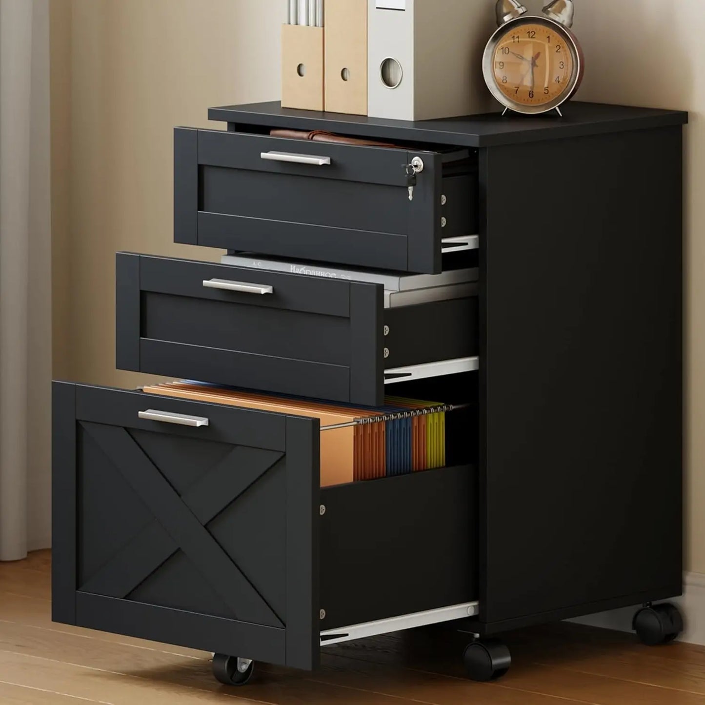 Wooden Mobile Filing Cabinet with Lock