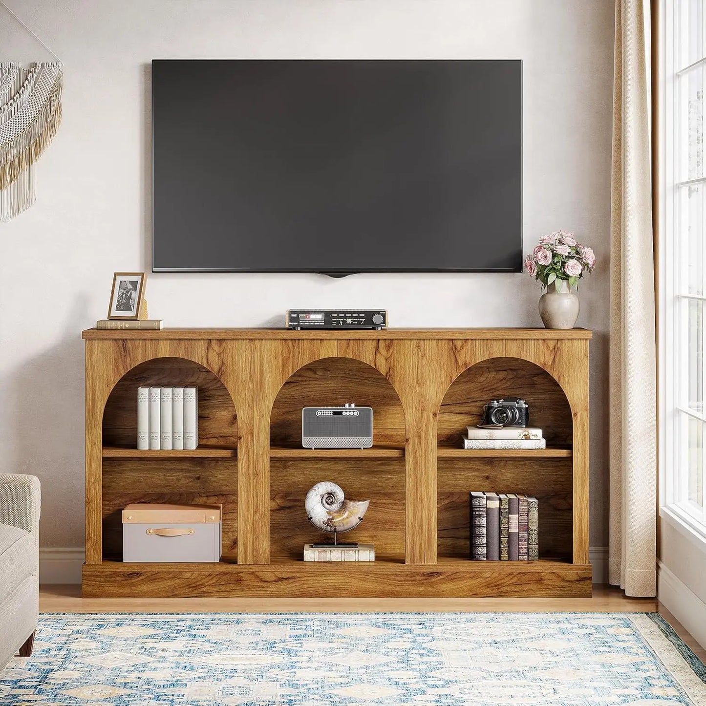 Natural Wood TV Console Storage Cabinet Media Entertainment Stand Living Room 55-65 Inch, Customized