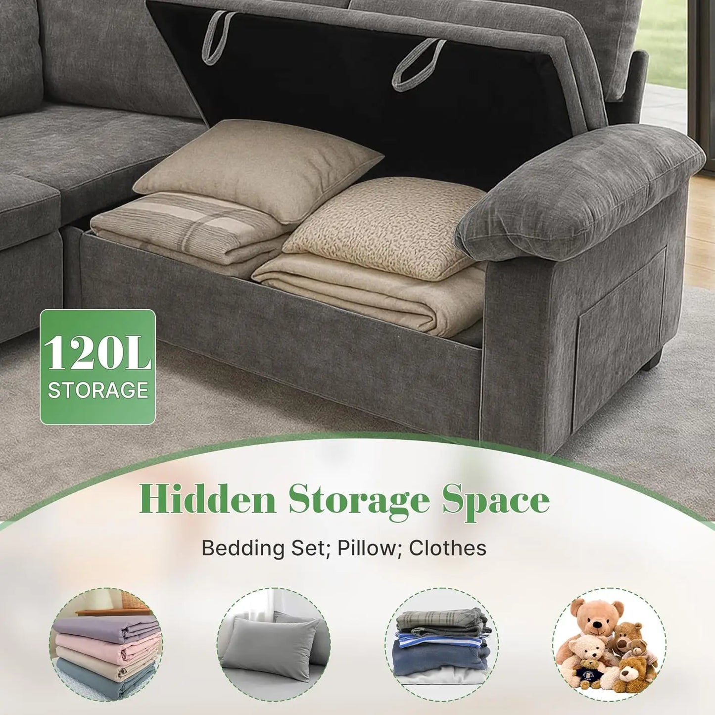 Sectional Sofa with Pull Out Bed & Storage