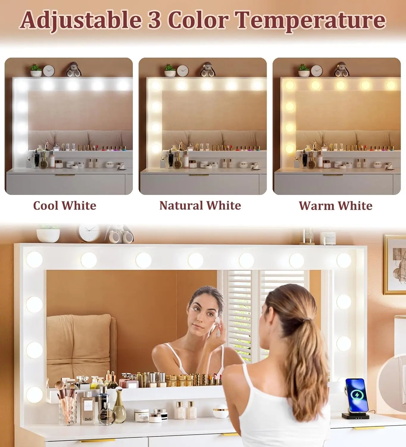 Large Mirror Lighted Vanity Desk