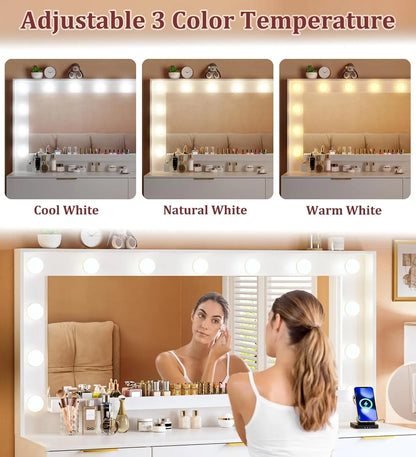 Large Mirror Lighted Vanity Desk