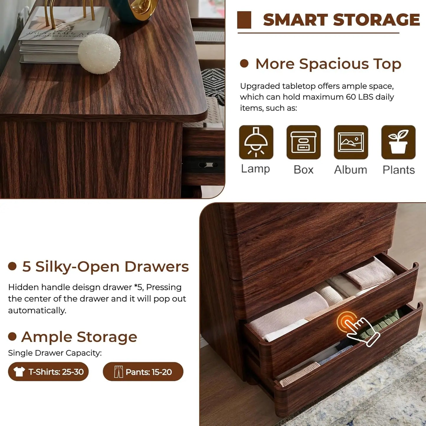 5 Drawer Dresser Bedroom 42in Tall Wood Hidden Handle Large Storage Chest Living Room Hallway Curved Dark Walnut, Customized