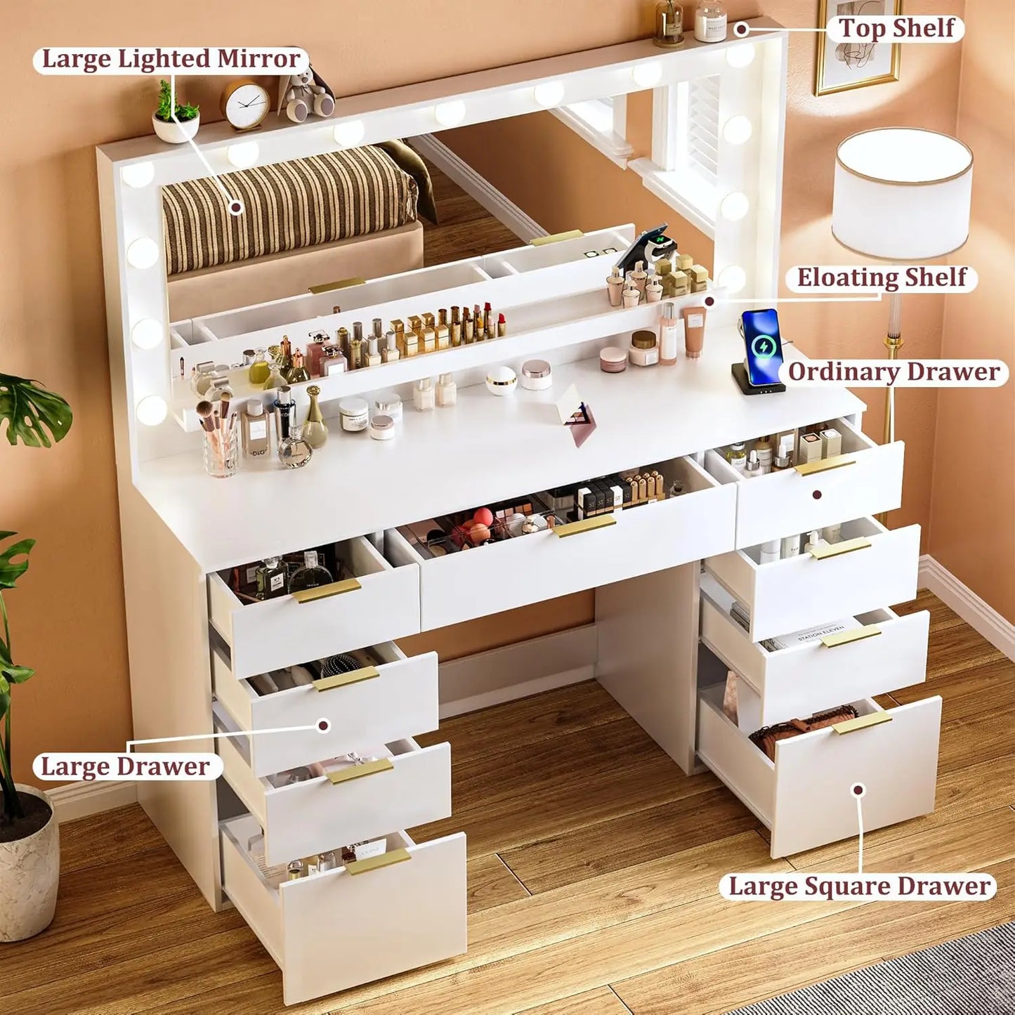 Large Mirror Lighted Vanity Desk