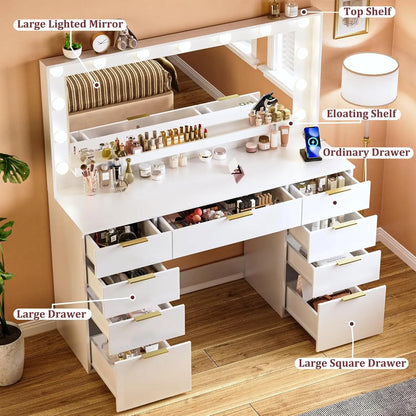Large Mirror Lighted Vanity Desk