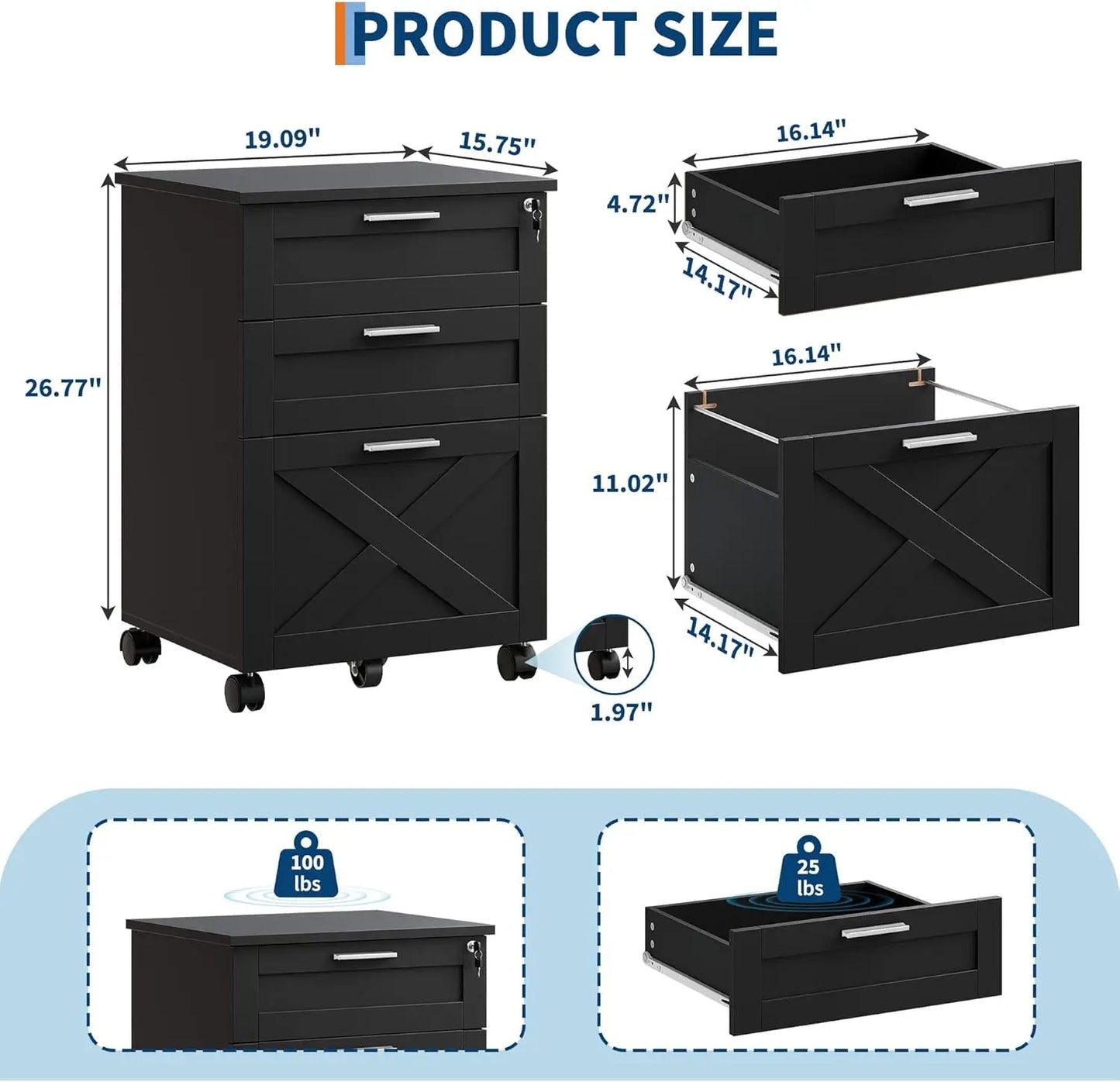 Wooden Mobile Filing Cabinet with Lock
