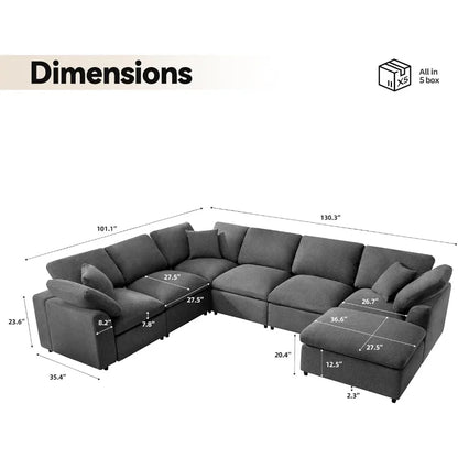 Oversized Sectional Sofa with Movable Ottoman 7 Seater