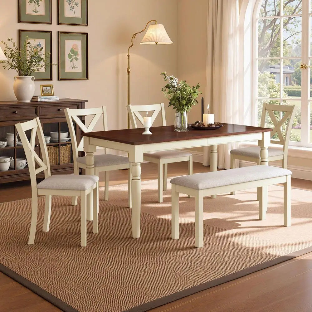 60 Solid Wood Dining Table Set for 6, with 4 Upholstered Chairs and Bench,