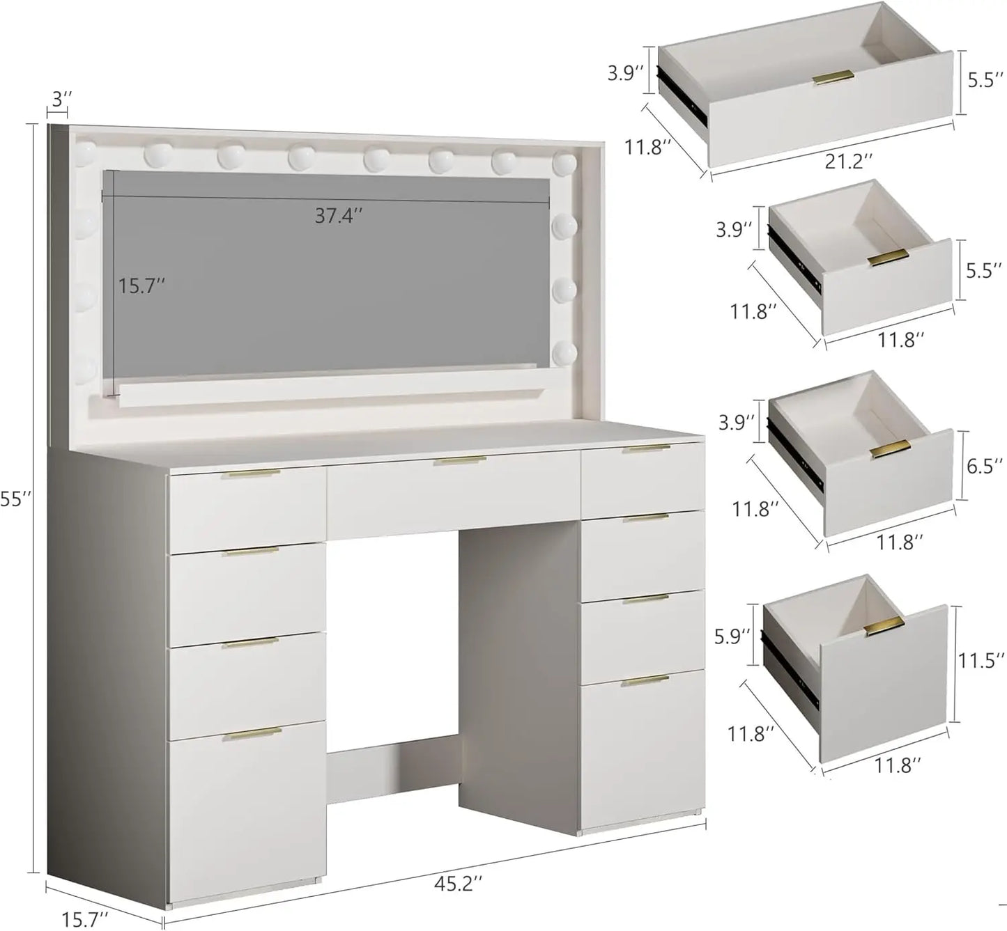 Large Mirror Lighted Vanity Desk