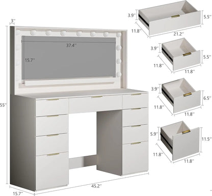 Large Mirror Lighted Vanity Desk