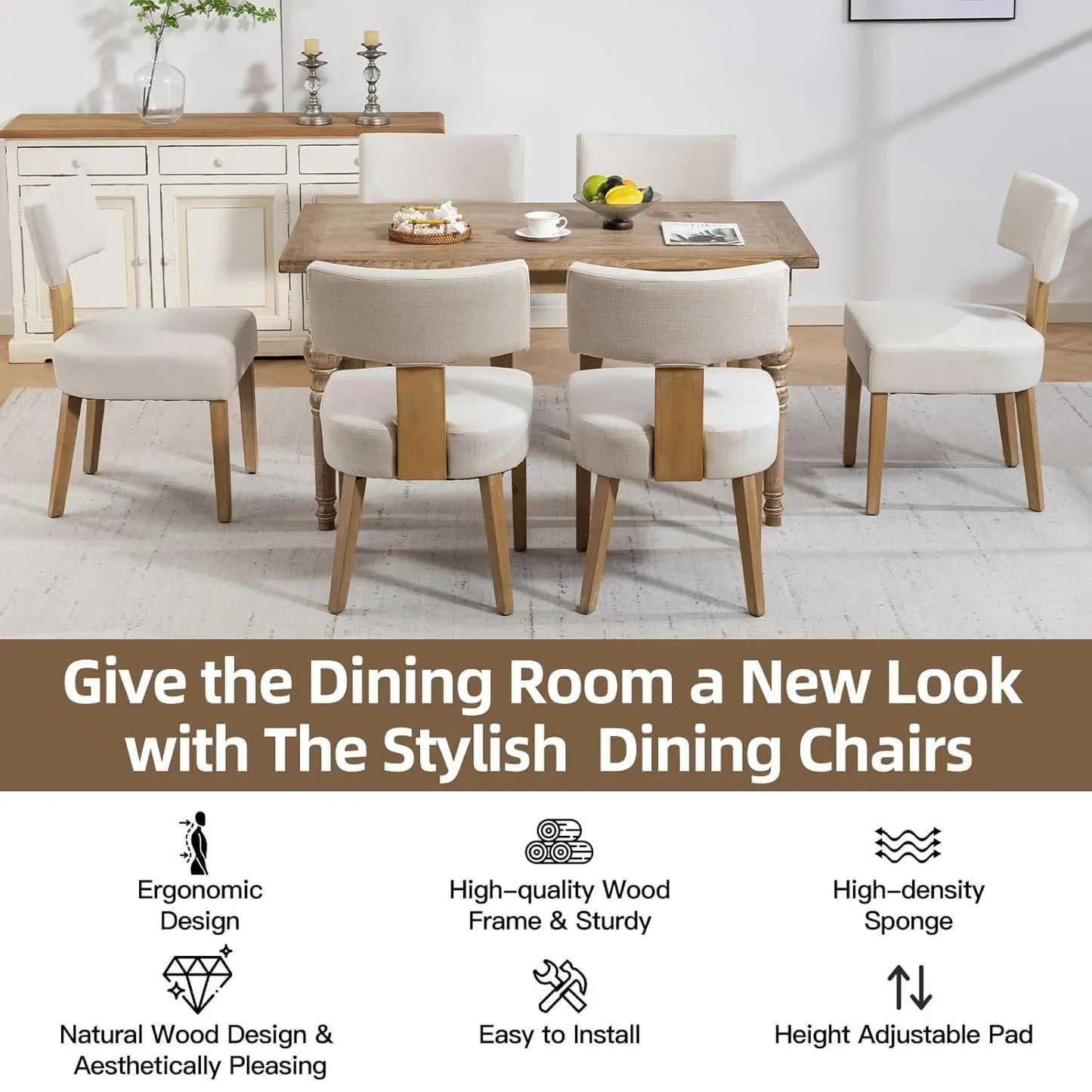 6 Fabric Upholstered Wood Kitchen Chairs Set
