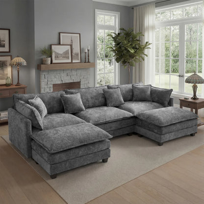 Sectional Sofa with Ottoman,  Deep Seat, Wood Frame