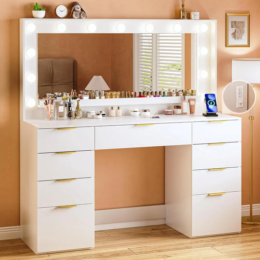 Large Mirror Lighted Vanity Desk