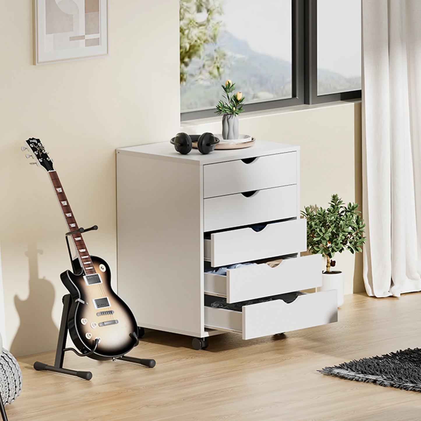 Wood Cabinet With 5 Drawers Waterproof Surface