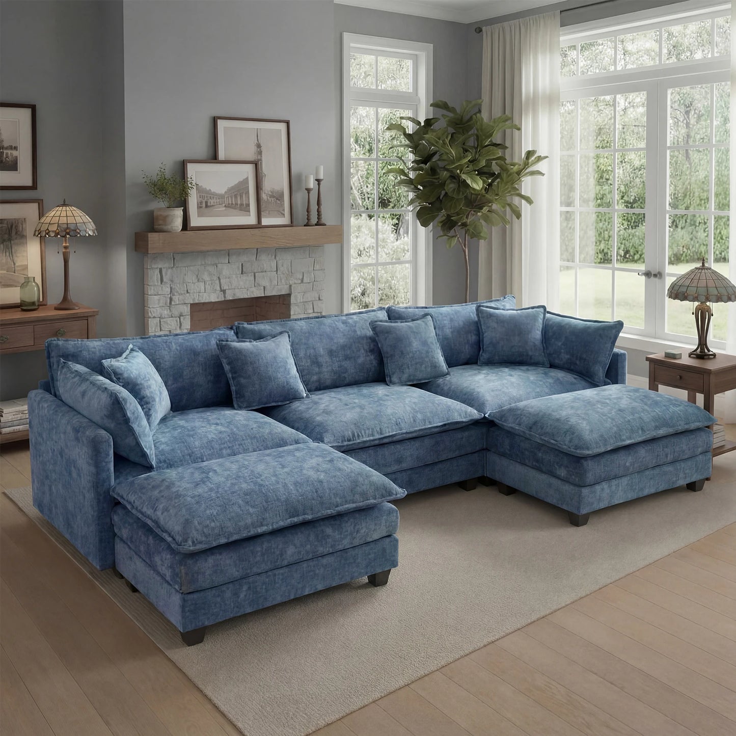 Sectional Sofa with Ottoman,  Deep Seat, Wood Frame