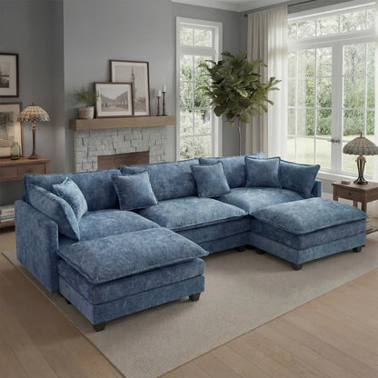 Sectional Sofa with Ottoman,  Deep Seat, Wood Frame