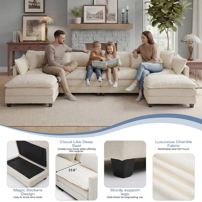 Sectional Sofa with Ottoman,  Deep Seat, Wood Frame
